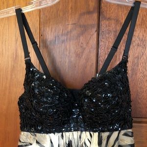 Sequined fitted top dress, flowing fabric bottom